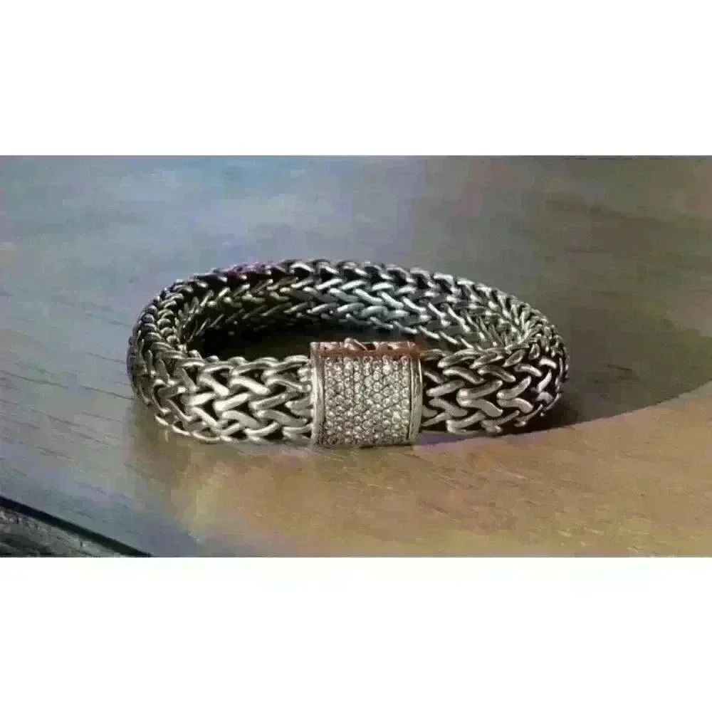 John Hardy 925 Sterling Silver Pave Diamond 12mm Classic Chain Bracelet - Picture 3 of 10